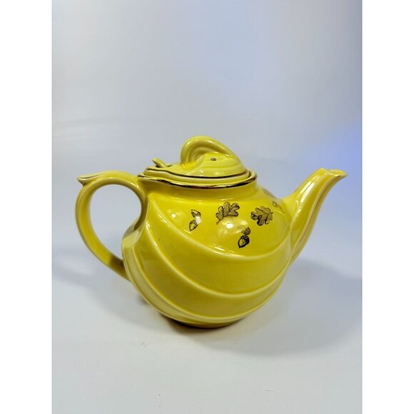 Hall Teapot Vintage #0799 Canary With Gold Trim Leaves & Acorns Hook Lid 6 Cups - Picture 16 of 16